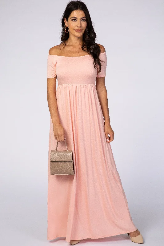 Urban Short Sleeve TopsPinkBlush Light Pink Off The Shoulder Short Sleeve Maxi Dress