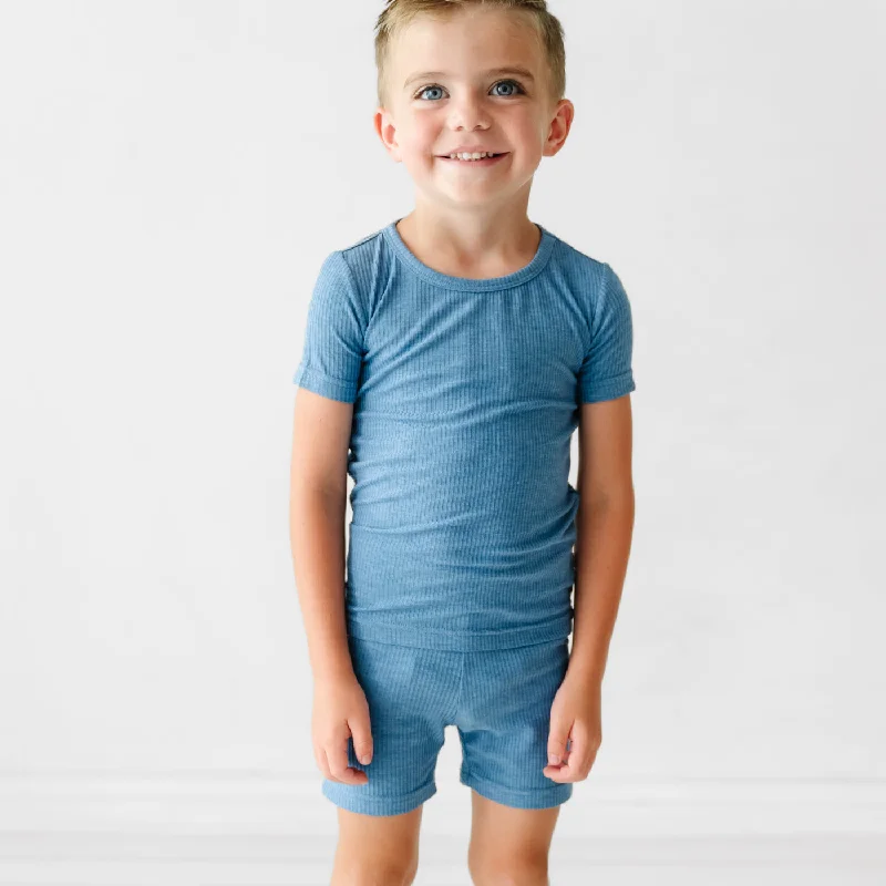 Heather Blue Ribbed Two-Piece Short Sleeve & Shorts Pajama Set