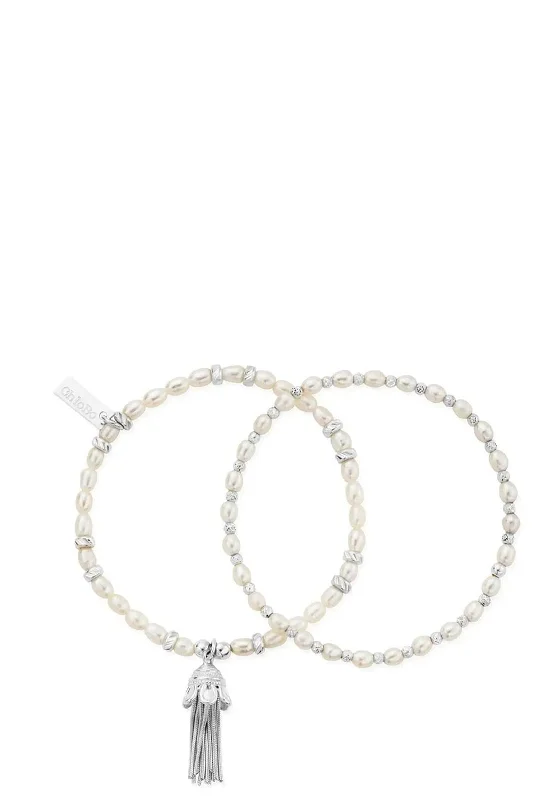 ChloBo Love and Protection Pearl Bracelet Set of 2, Silver