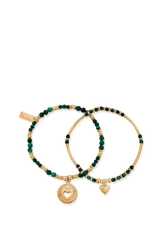 ChloBo Guiding Love Malachite Bracelet Set of 2, Gold