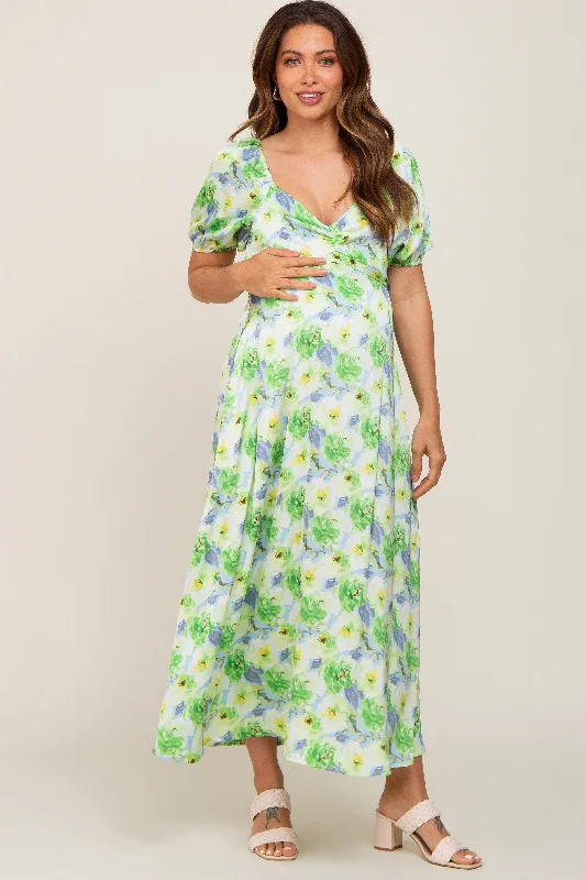 Running Short Sleeve TopsBlue Floral Satin Ruched V-Neck Puff Short Sleeve Maternity Maxi Dress