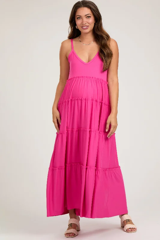 Floral DressFuchsia Tiered Sleeveless Maternity Maxi Dress