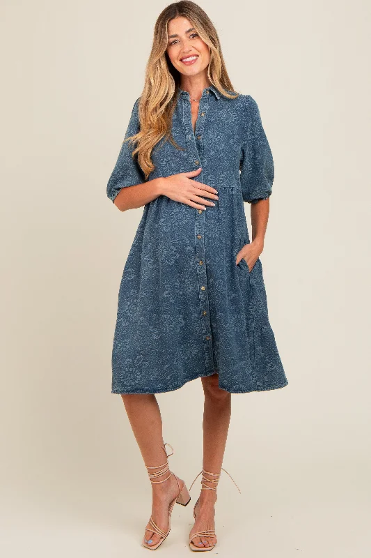 Retro DressBlue Denim Button Front Short Puff Sleeve Maternity Dress