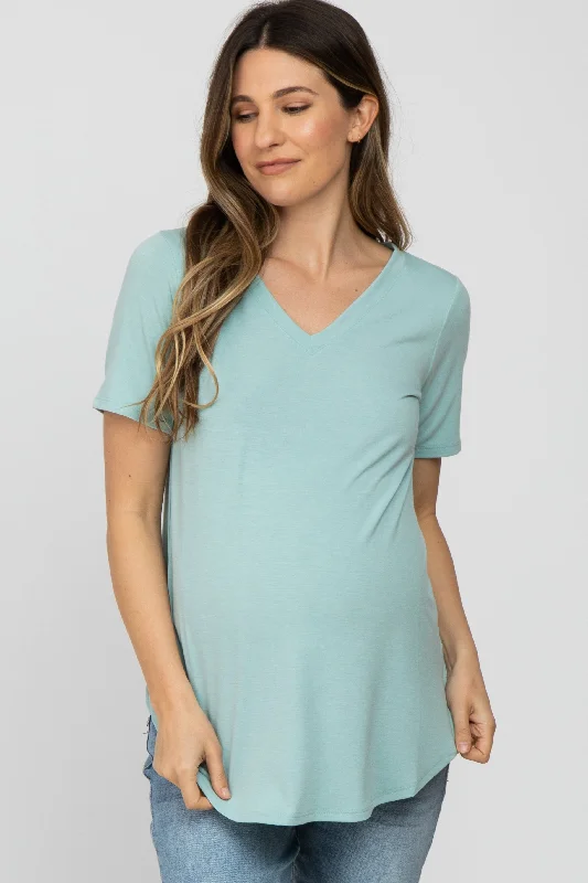 Hemp Short Sleeve TopsLight Mint V-Neck Maternity Short Sleeve Round Hem Top