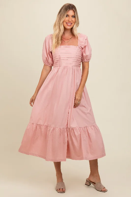 Vintage DressLight Pink Pleated Bodice Puff Sleeve Midi Dress