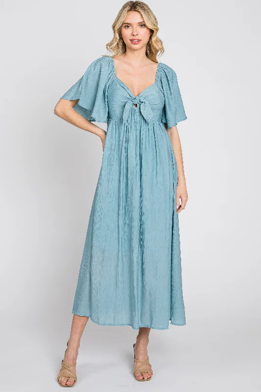 Boho DressBlue Front Tie Ruffle Sleeve Midi Dress