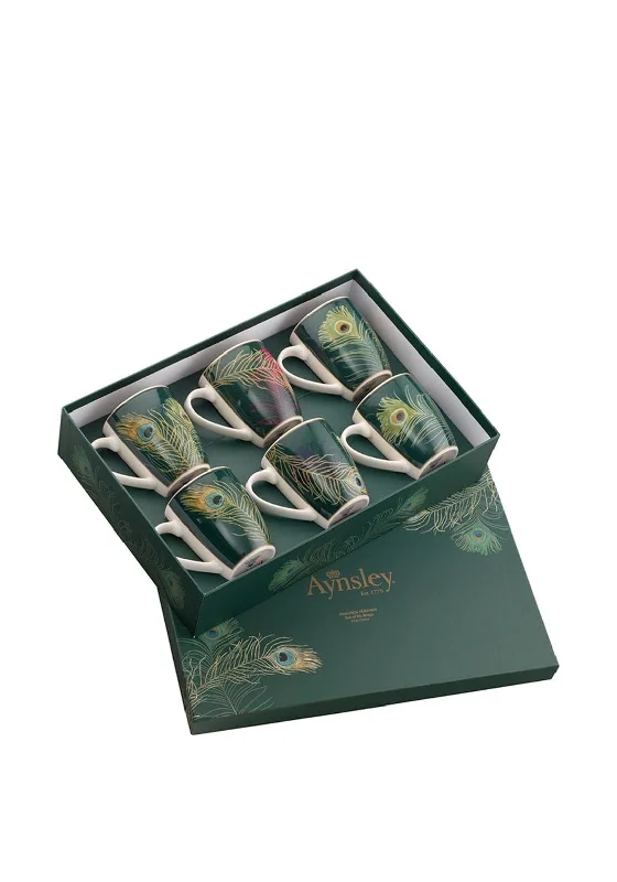 Aynsley Peacock Feather Set of Six Mugs, Green Multi