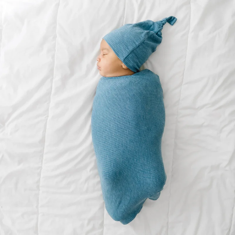 Heather Blue Ribbed Swaddle & Hat Set