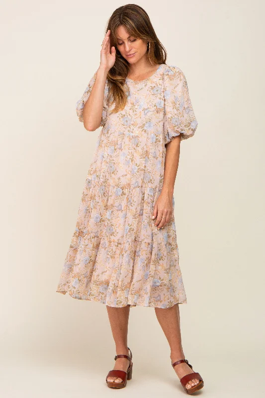 Designer Short Sleeve TopsBeige Floral Chiffon Puff Short Sleeve Tiered Midi Dress