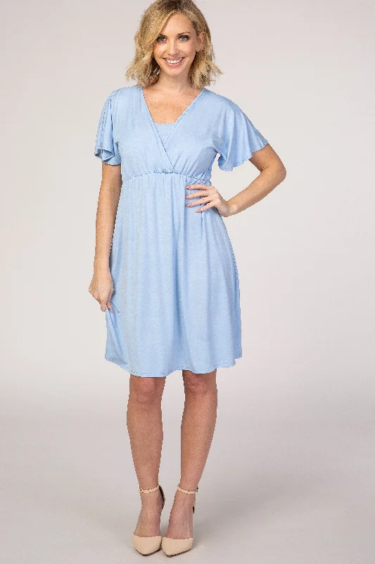 Plush Short Sleeve TopsPinkBlush Light Blue Short Sleeve Empire Waist Wrap Nursing Maternity Dress