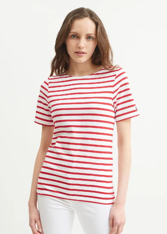 Tie-Dye Short Sleeve TopsLEVANT MODERN - Breton Stripe Short Sleeve Shirt | Soft Cotton | Unisex Fit (WHITE / RED)