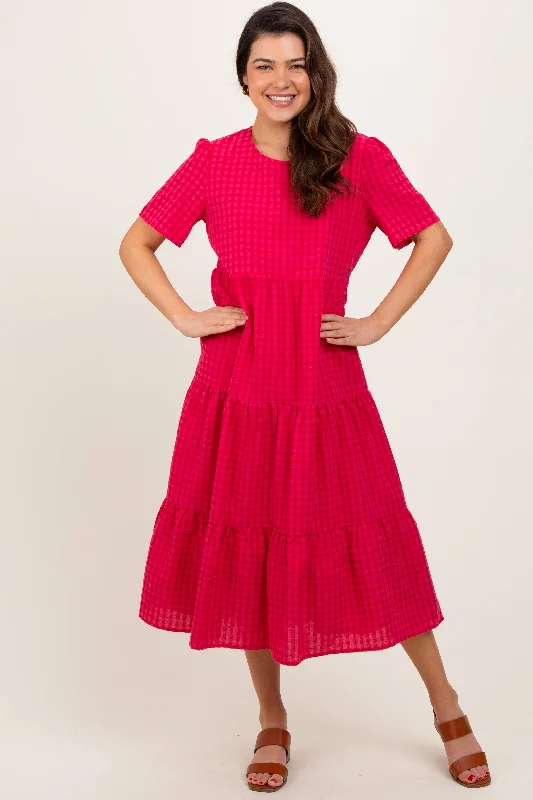 Hemp Short Sleeve TopsFuchsia Short Sleeve Tiered Midi Dress