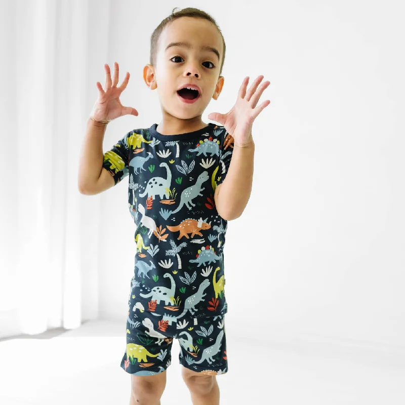 Navy Jurassic Jungle Two-Piece Short Sleeve & Shorts Pajama Set