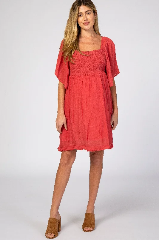 Mesh Short Sleeve TopsRed Smocked Short Sleeve Maternity Dress