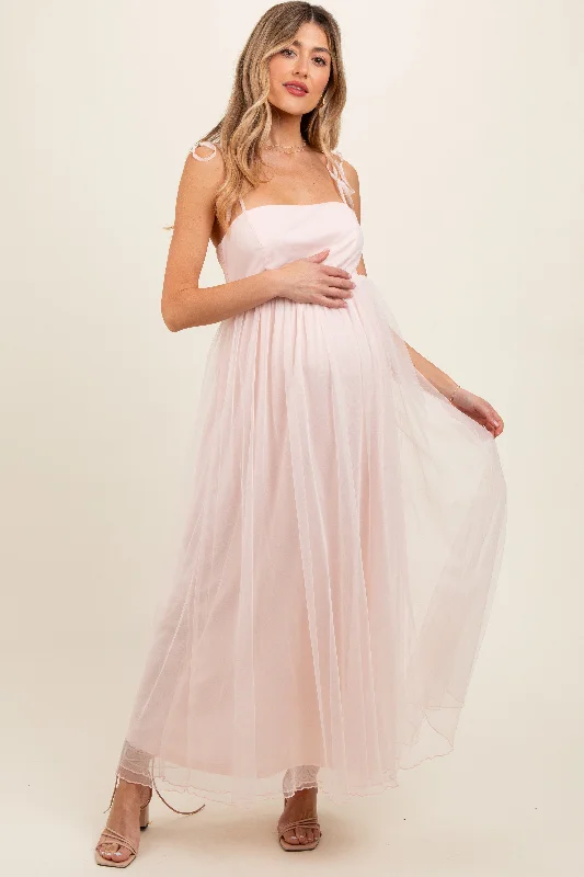 Ethnic DressLight Pink Square Neck Shoulder Tie Tulle Maternity Maxi Dress