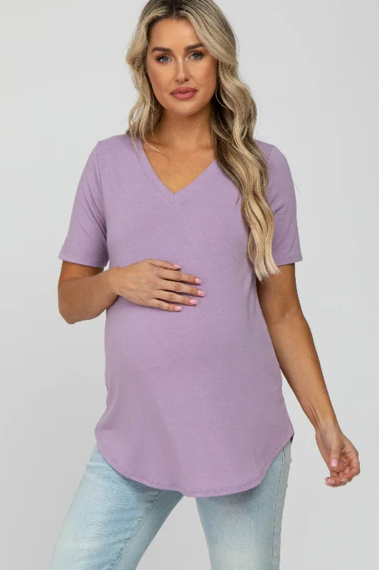 French Terry Short Sleeve TopsLavender V-Neck Maternity Short Sleeve Round Hem Top