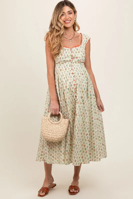 Lace DressCream Floral Button Front Sleeveless Maternity Maxi Dress