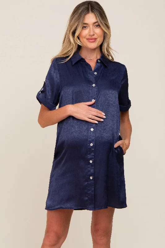 UV-Protection Short Sleeve TopsNavy Blue Satin Button Front Short Sleeve Maternity Dress