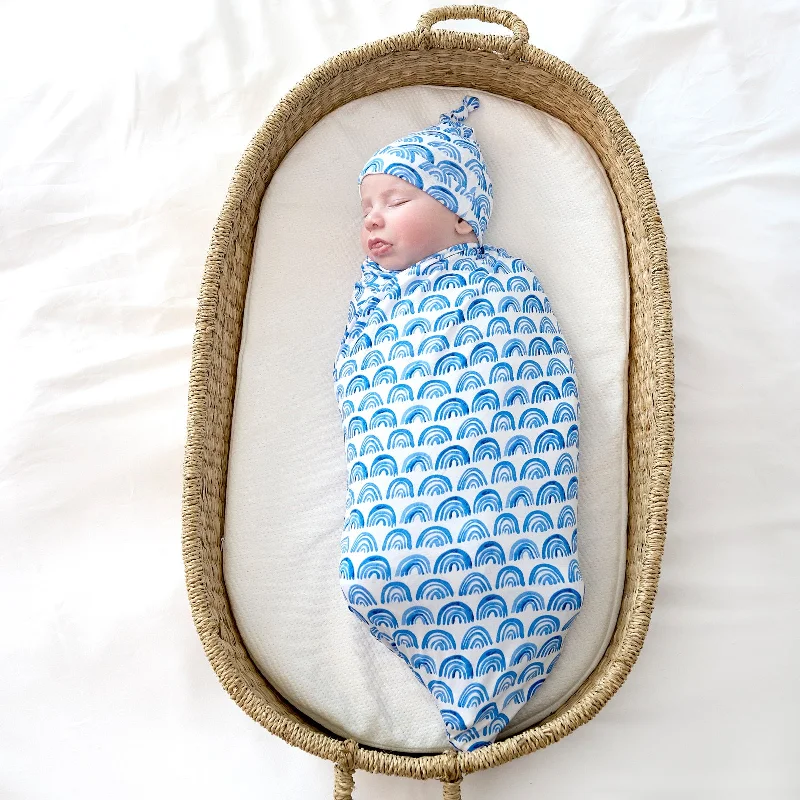 Blue Rainbows Swaddle & Hat Set