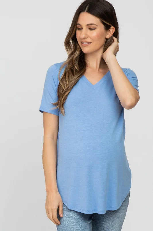 Work Short Sleeve TopsLight Blue V-Neck Maternity Short Sleeve Round Hem Top