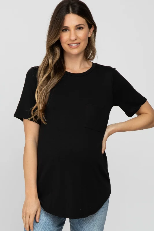 Printed Short Sleeve TopsBlack Crew Neck Front Pocket Short Sleeve Maternity Top