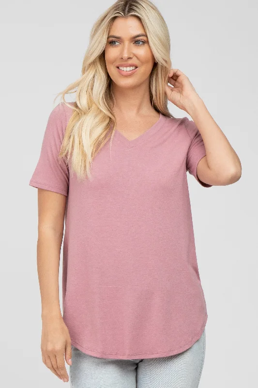 Silk Short Sleeve TopsDark Pink V-Neck Short Sleeve Round Hem Top