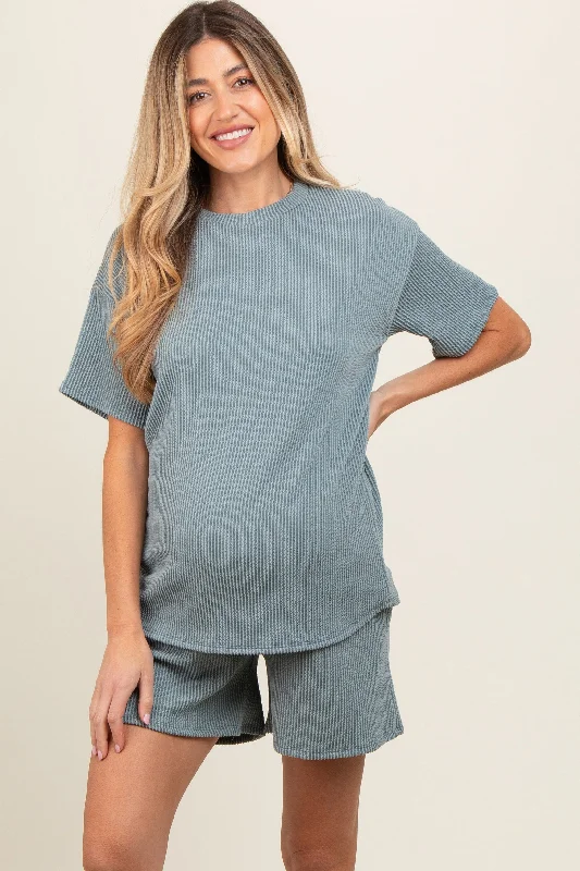 Cotton Short Sleeve TopsTeal Ribbed Short Sleeve Maternity Pajama Set