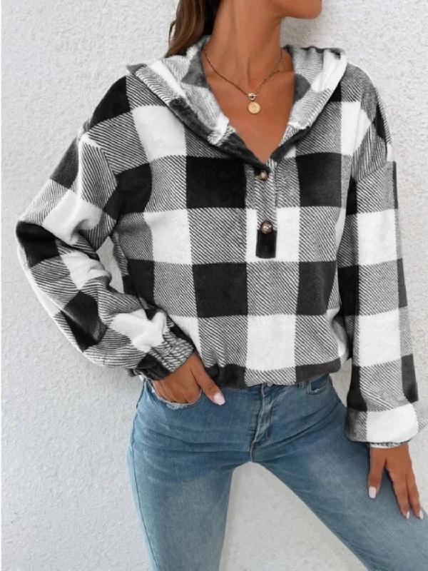 Plaid Half Button Long Sleeve HoodieMinimalist Sweatshirts