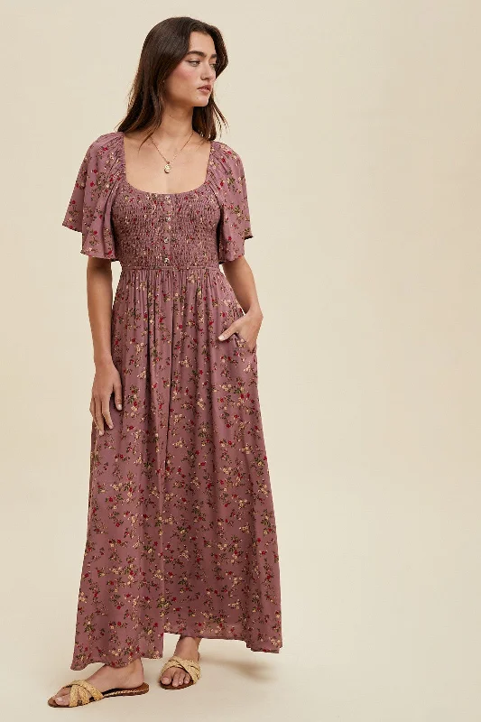 Bamboo Short Sleeve TopsMauve Floral Smocked Button Front Short Sleeve Maxi Dress