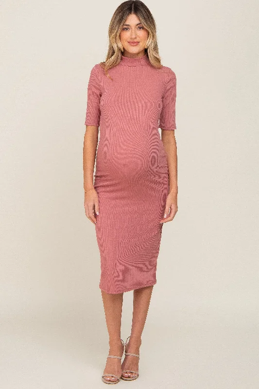 Cap-sleeve DressMauve Ribbed Mock Neck Maternity Midi Dress