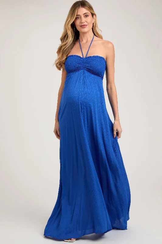 Printed DressRoyal Blue Smocked Halter Maternity Maxi Dress