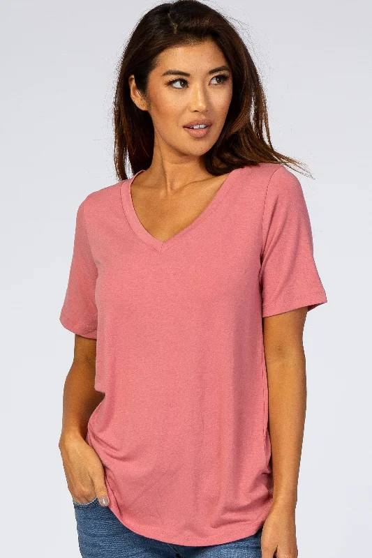 Cropped Short Sleeve TopsRose Pink V-Neck Short Sleeve Basic Top