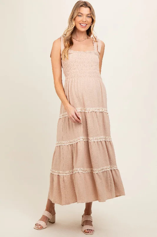 Silk DressTaupe Smocked Maternity Maxi Dress