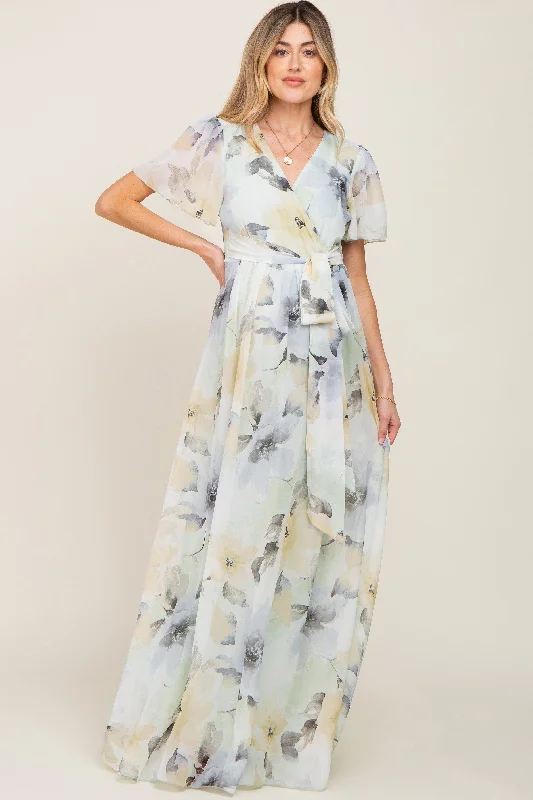 Lounge Short Sleeve TopsMint Green Floral Chiffon Wrap Front Short Sleeve Maternity Maxi Dress