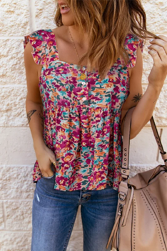 Athletic vestFloral Buttoned Square Neck Ruffled Tank