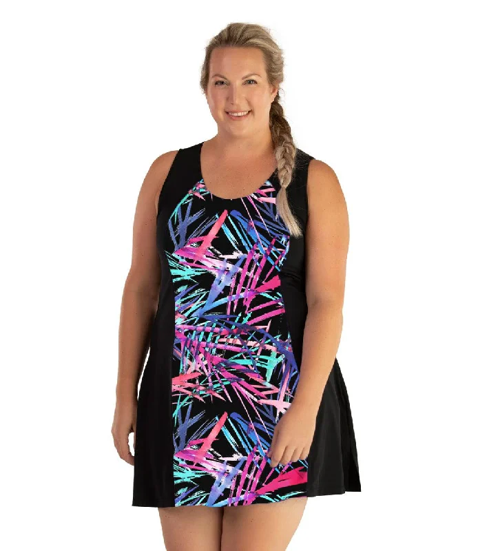 Off-the-shoulder DressAquaSport Crossback Swim Dress Sunset Palm Print Black - FINAL SALE