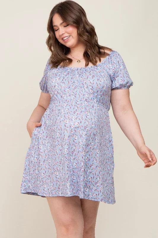 Asymmetrical DressBlue Floral Short Puff Sleeve Maternity Dress