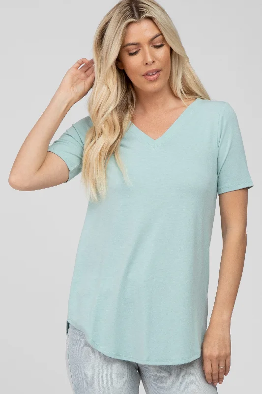 Bamboo Short Sleeve TopsLight Mint V-Neck Short Sleeve Round Hem Top