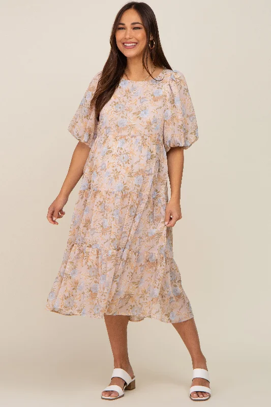 Streetwear Short Sleeve TopsBeige Floral Chiffon Puff Short Sleeve Tiered Maternity Midi Dress