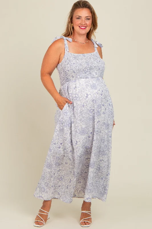 Leather DressWhite Blue Floral Tie Strap Maternity Plus Maxi Dress