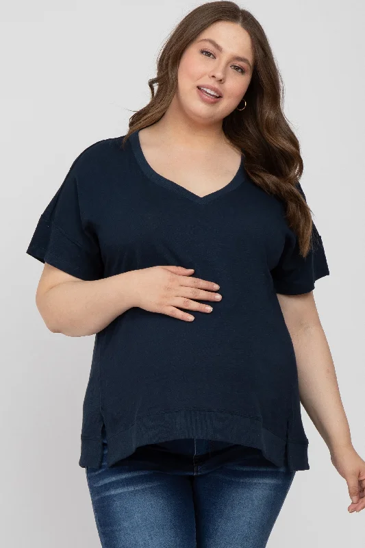 Outdoor Short Sleeve TopsNavy Blue V-Neck Short Sleeve Side Slit Maternity Plus Top