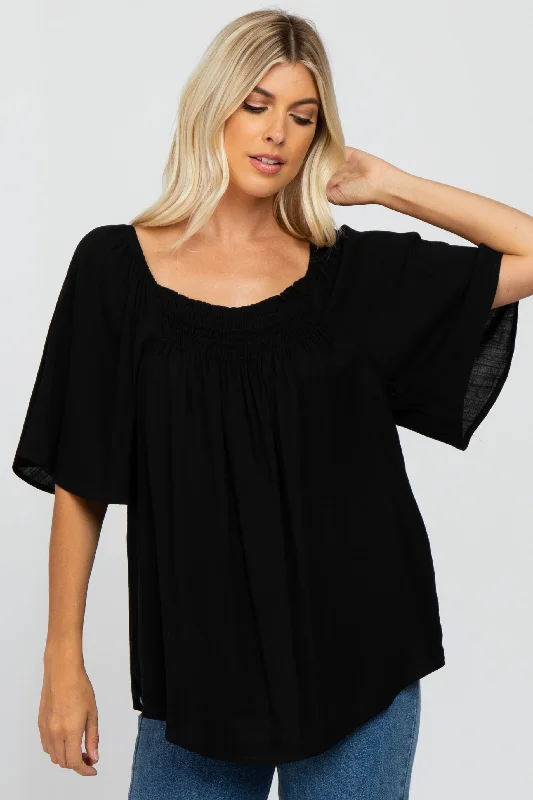 Designer Short Sleeve TopsBlack Linen Smocked Short Sleeve Top