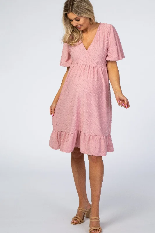 Jersey Short Sleeve TopsPinkBlush Mauve Textured Polka Dot Ruffle Hem Short Sleeve Maternity Dress