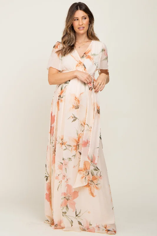 Polyester Short Sleeve TopsCream Floral Chiffon Wrap Front Short Sleeve Maternity Maxi Dress