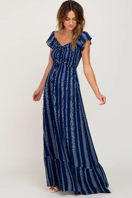 One-shoulder DressNavy Blue Striped Off Shoulder Front Tie Maxi Dress