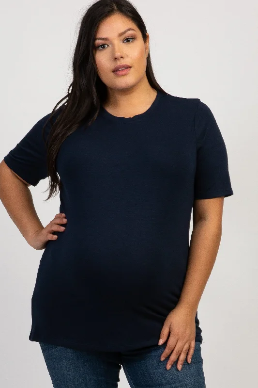 Yoga Short Sleeve TopsNavy Blue Solid Short Sleeve Plus Maternity Top