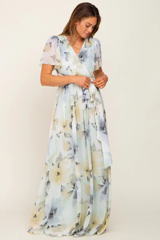 Travel Short Sleeve TopsMint Green Floral Chiffon Wrap Front Short Sleeve Maxi Dress