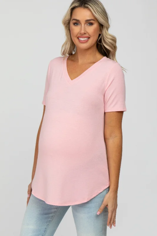 Athletic Short Sleeve TopsLight Pink V-Neck Maternity Short Sleeve Round Hem Top