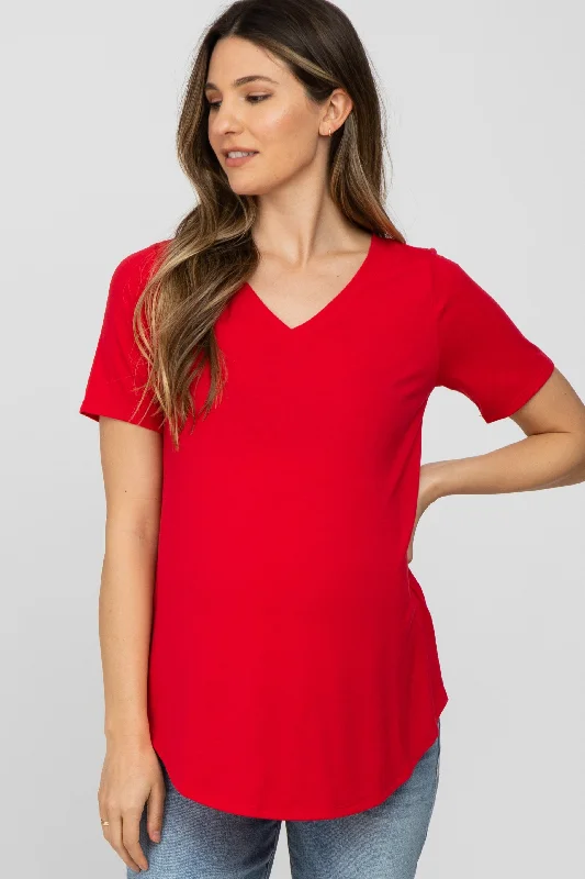 Striped Short Sleeve TopsRed V-Neck Maternity Short Sleeve Round Hem Top