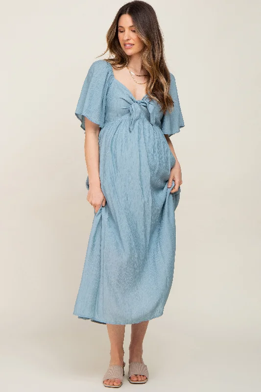 Puff-sleeve DressBlue Front Tie Ruffle Sleeve Maternity Midi Dress